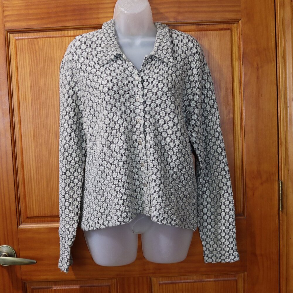 Jane Hamill Silver Gray White Geometric V-Neck Cardigan Sweater Medium USA